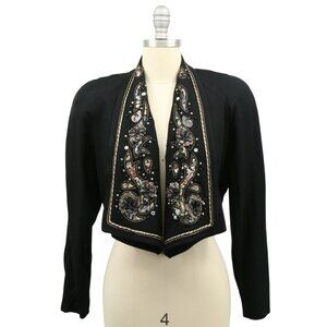 Vintage IIF Cropped Black Beaded Gold Tapestry Lace Applique Open Front Jacket S